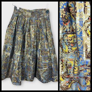 Vintage Doris Dodson Size 7 - 23 1/2 Blue Gold A Line Poplin Metallic Boho Skirt
